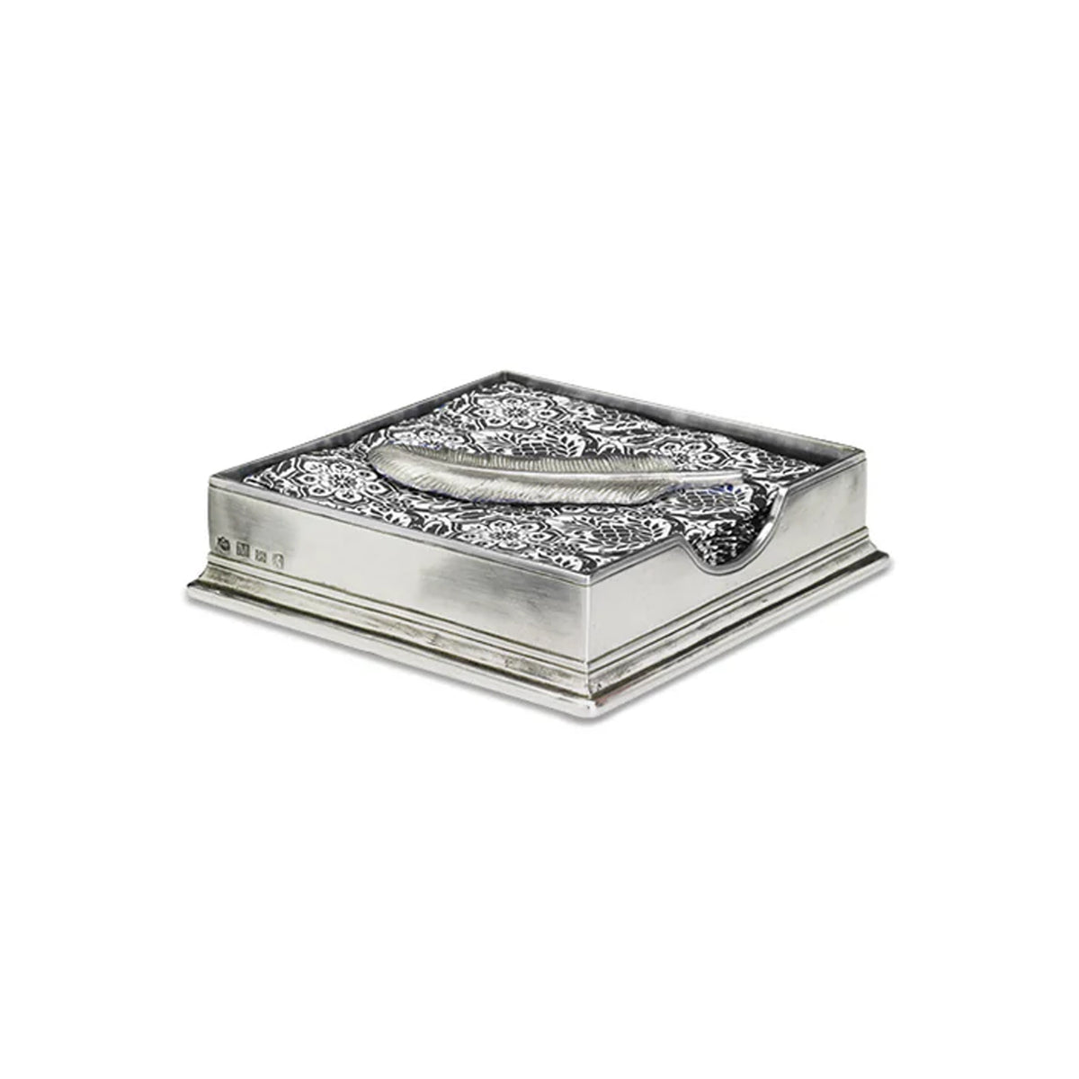 Three-quarter view of the Cocktail Napkin Box with Feather Weight showcasing ornate pewter detailing with a white background