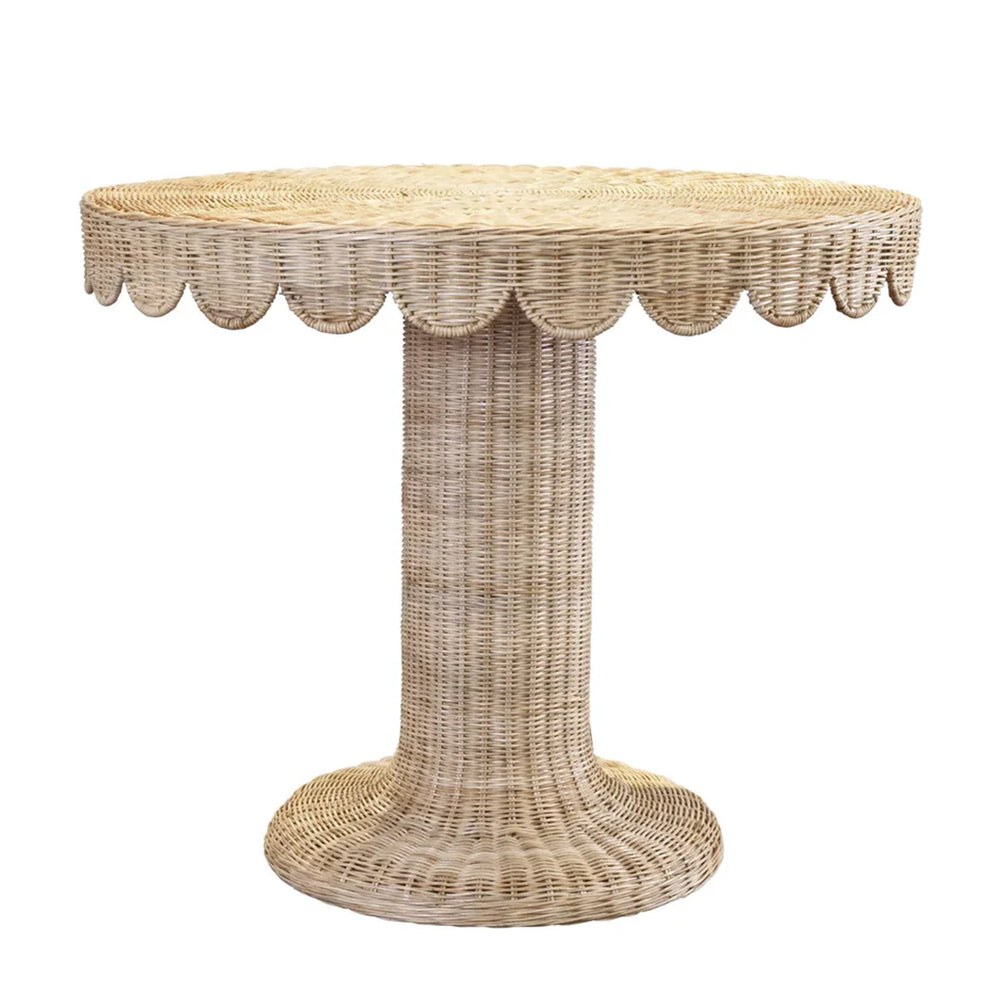 Front view of Coco Bistro Table showcasing woven rattan round top with scalloped edge and pedestal base on white background