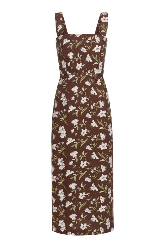 Long Slip Dress in Brown Hibiscus