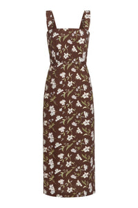 Long Slip Dress in Brown Hibiscus