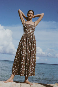 Scoop Neck Dress in Brown Hibiscus