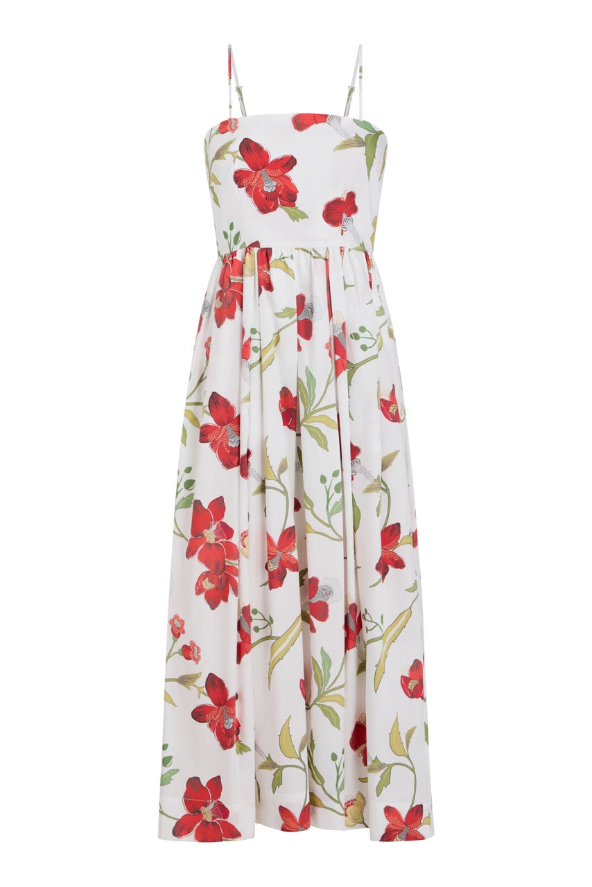 Skinny-Strap Poof Dress in Red Hibiscus