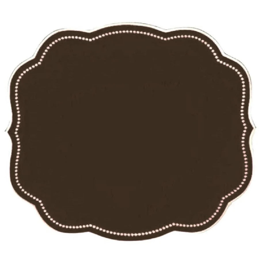 Overhead view of Charlotte Placemat in Cocoa, Set of 4 showcasing scalloped edges and double embroidered dot border on a white background