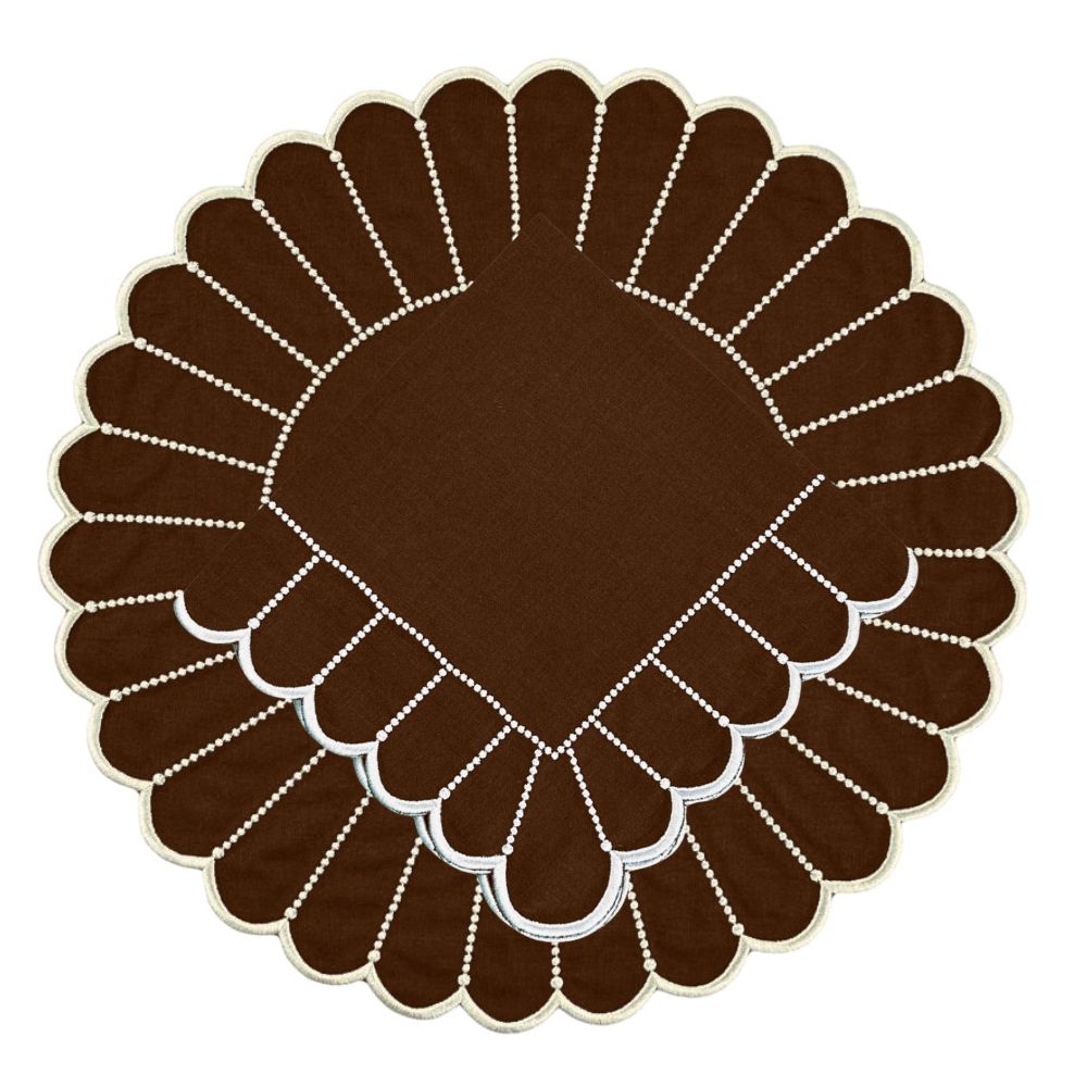 Cocoa linen scalloped placemat with white embroidery in linen and napkin