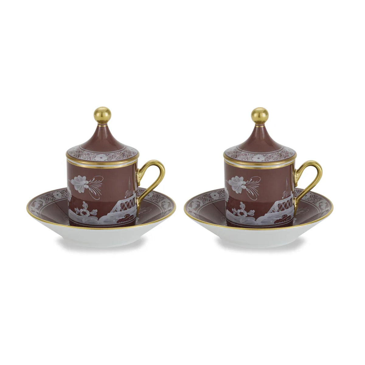 Front view of Oriente Italiano Coffee Set in Castagna showcasing two covered floral cups with saucers on a white background