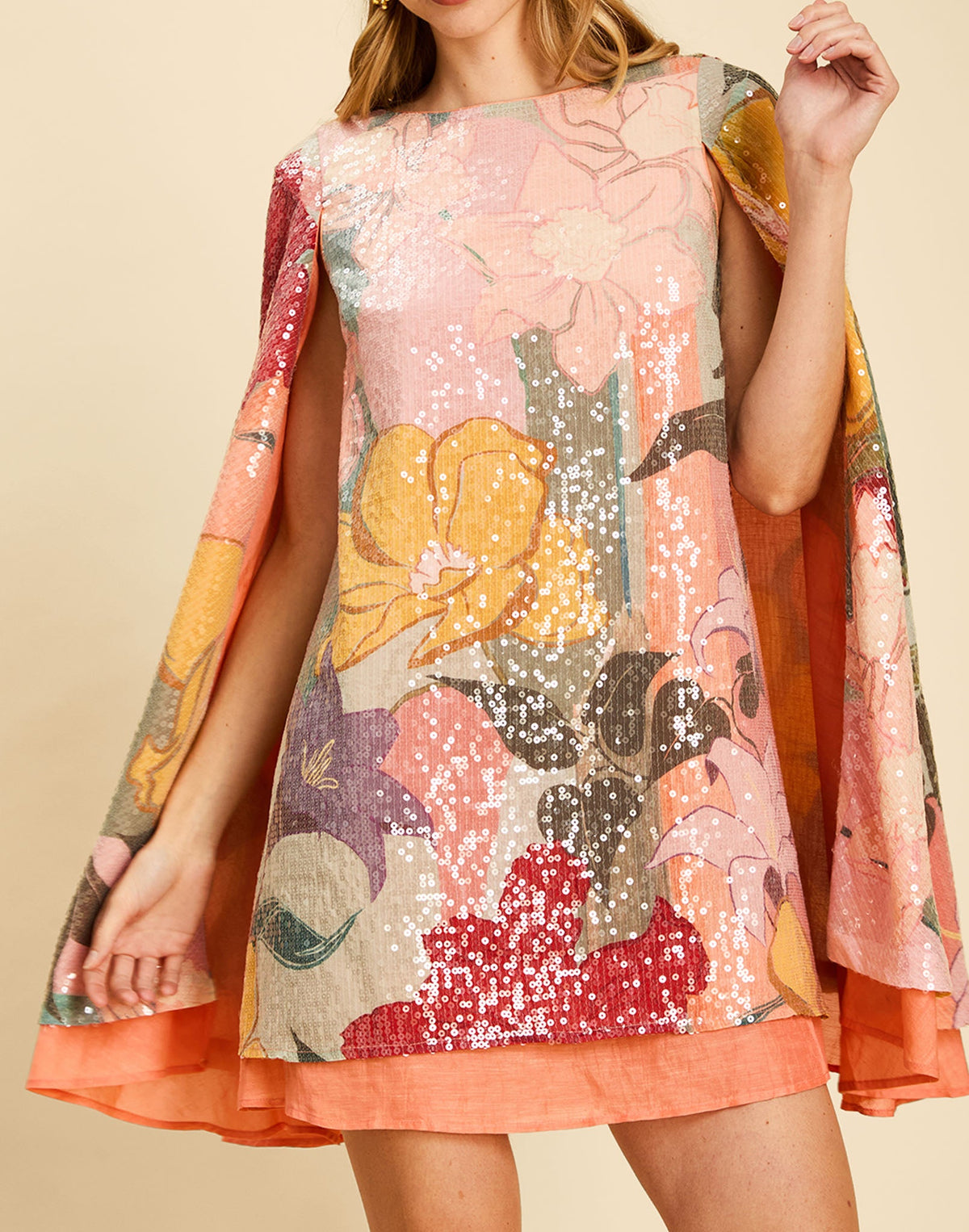 Collins Cape Mini Dress in Painted Blooms