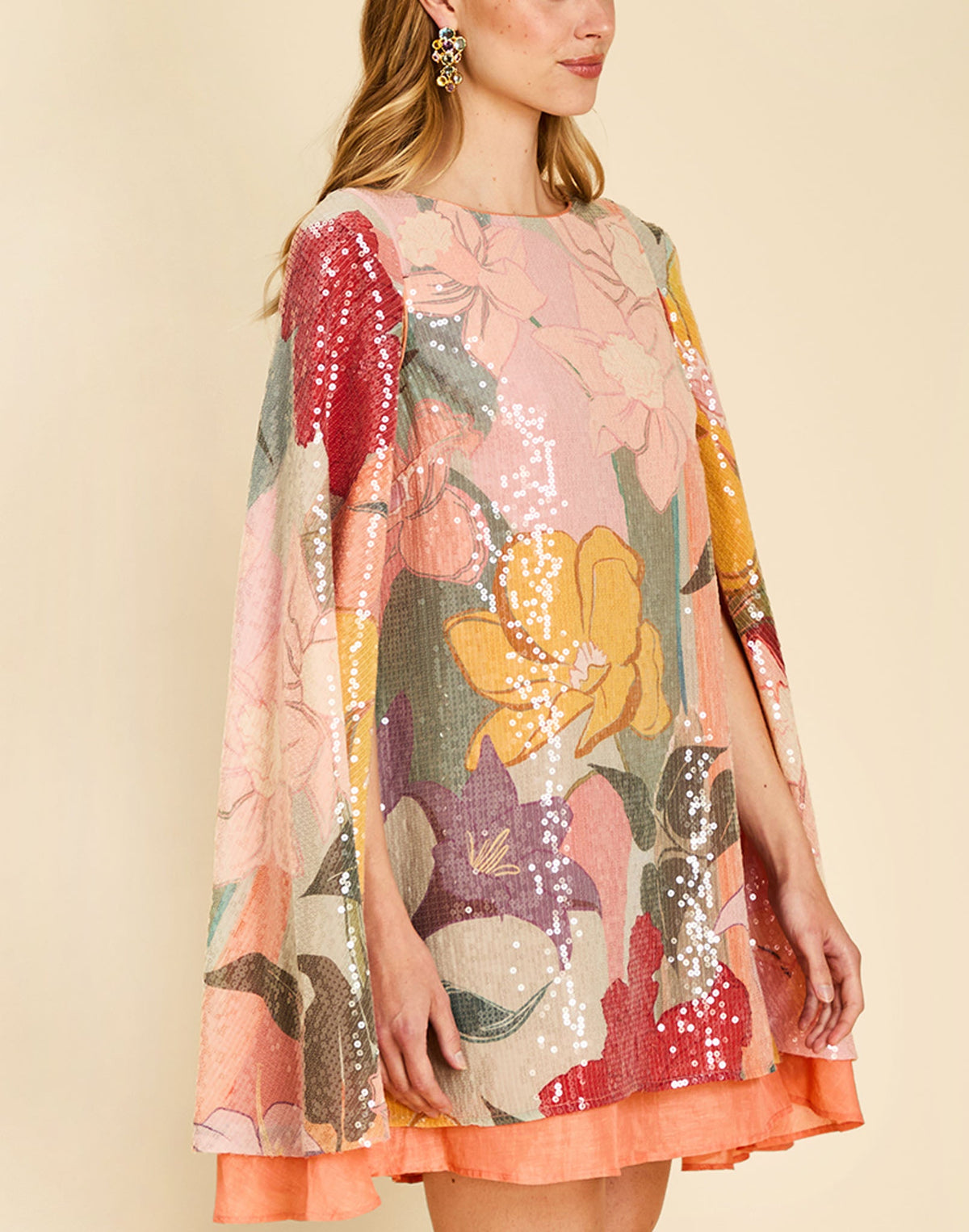 Collins Cape Mini Dress in Painted Blooms