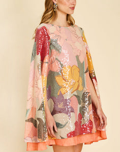 Collins Cape Mini Dress in Painted Blooms