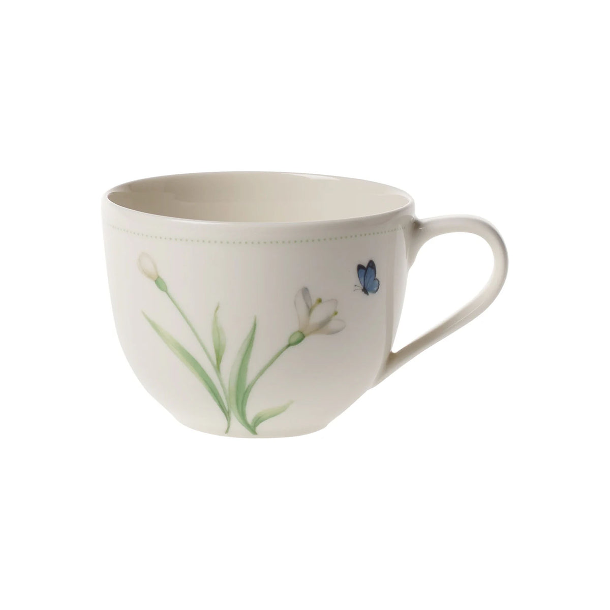 Front-right view of Colorful Spring coffee cup showing hand-painted flowers and a blue butterfly on white background