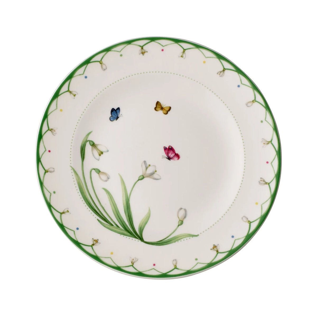 Top view of Colorful Spring salad plate showing hand-painted snowdrops, three butterflies, and a green scalloped rim on white background