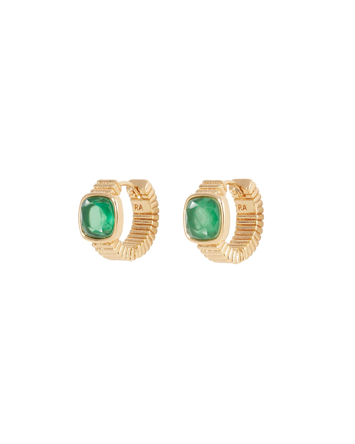Front view of The Composed Mini Hoop pair showcasing gold tone plated hoops with emerald stones on a white background