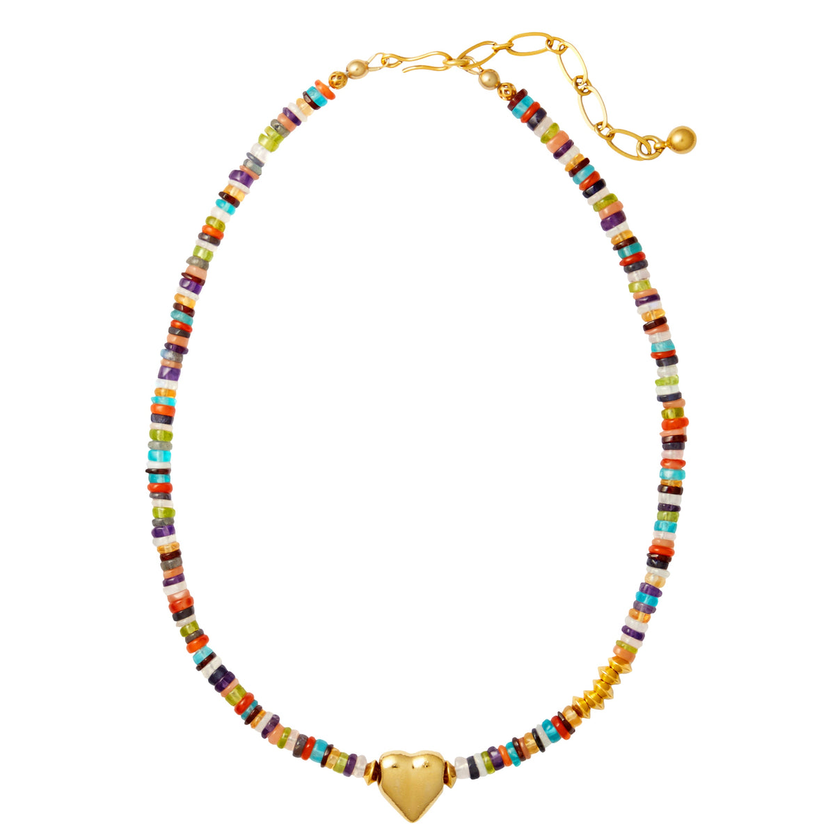 Front view of Confetti Necklace showcasing multicolored rondelle gemstone beads and gold heart pendant on white background