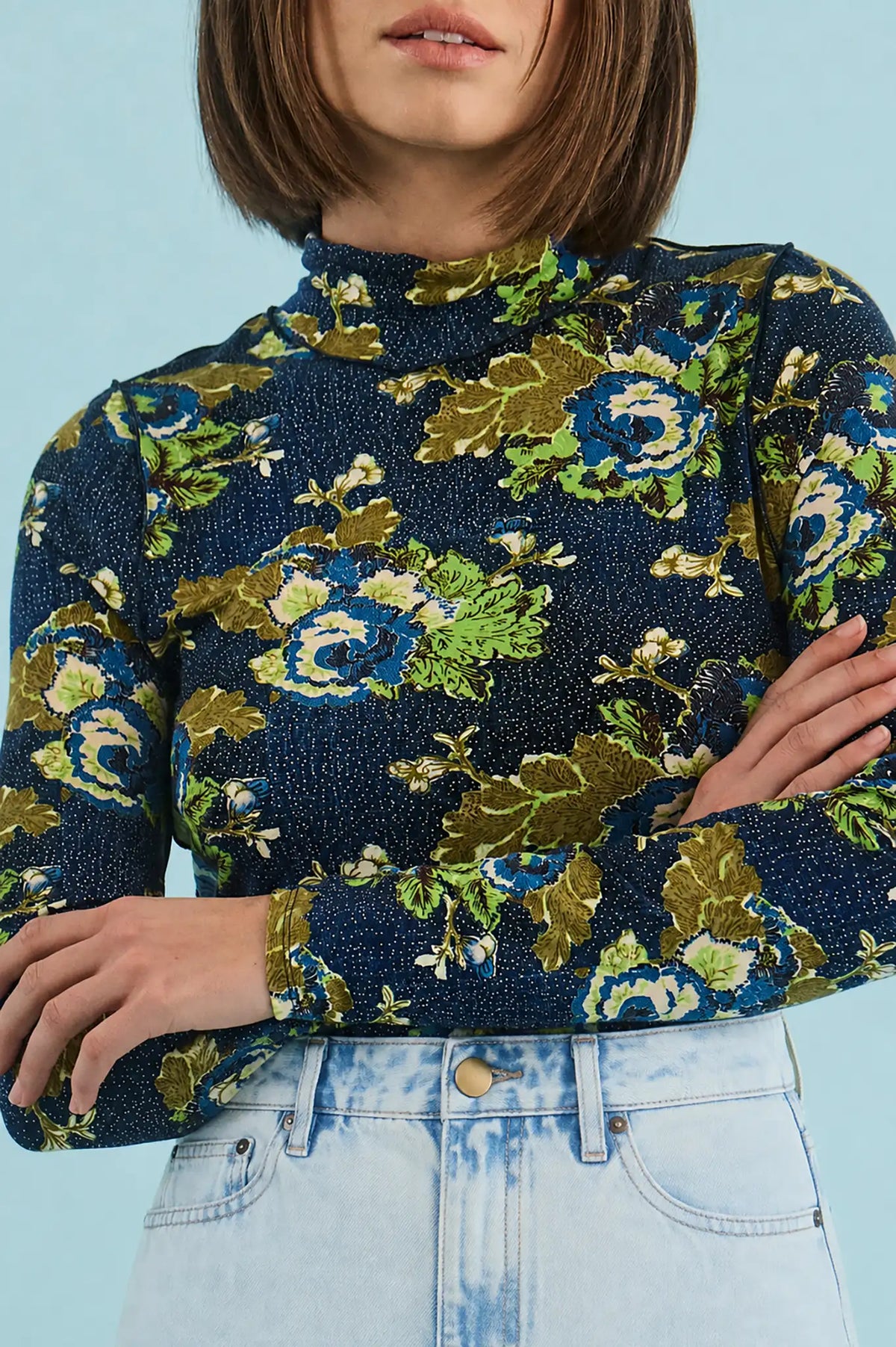 The Connor Top in Primrose paired with the Wray Pant in Washed Blue Denim.