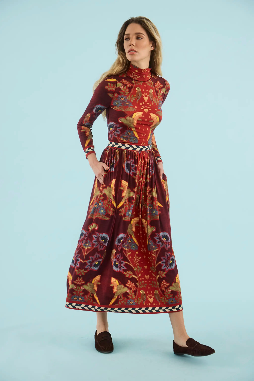 Wimberly Skirt in Birds of a Feather Maroon
