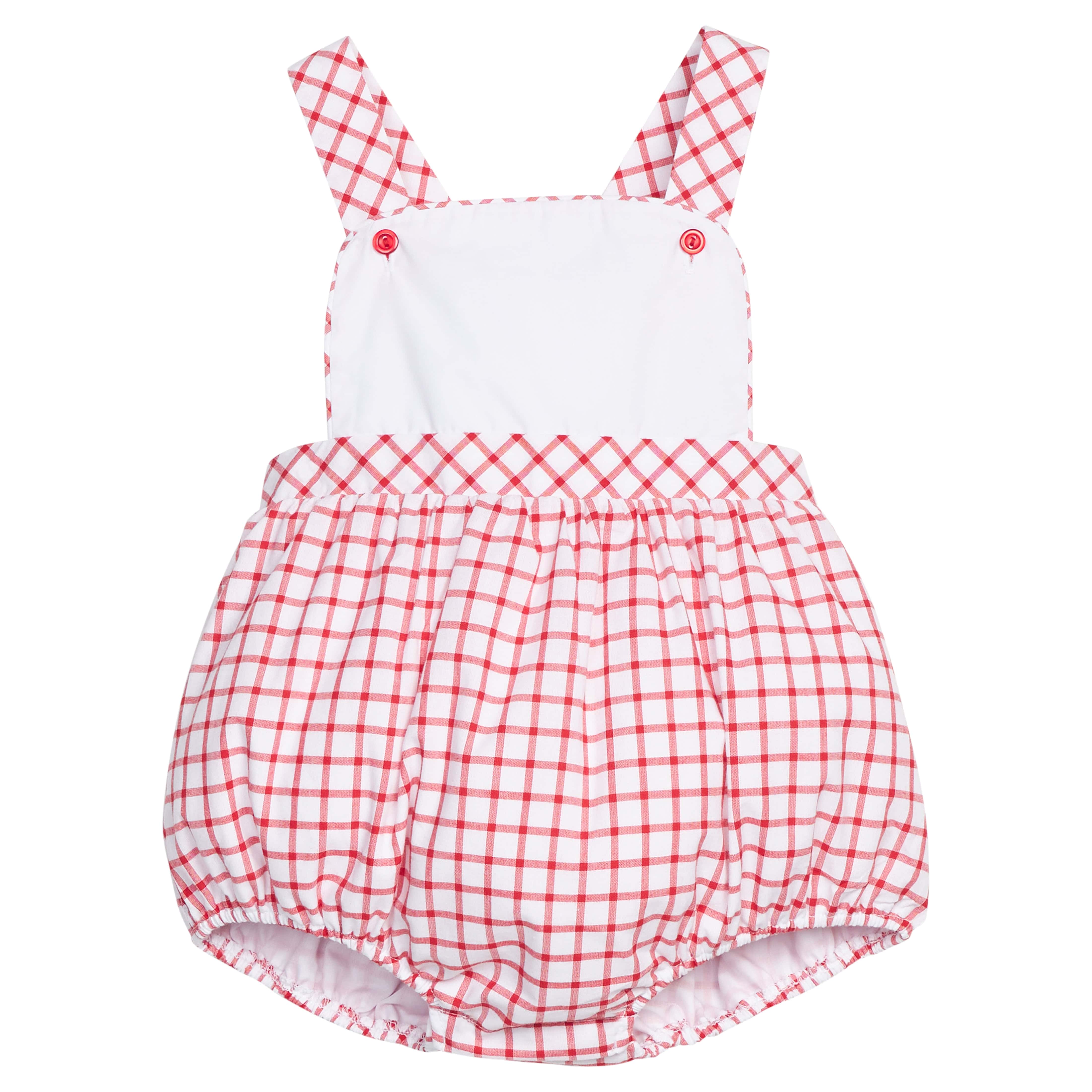 Little English traditional children's clothing. Classic red windowpane bubble or baby boys with bib front and crisscross straps in back