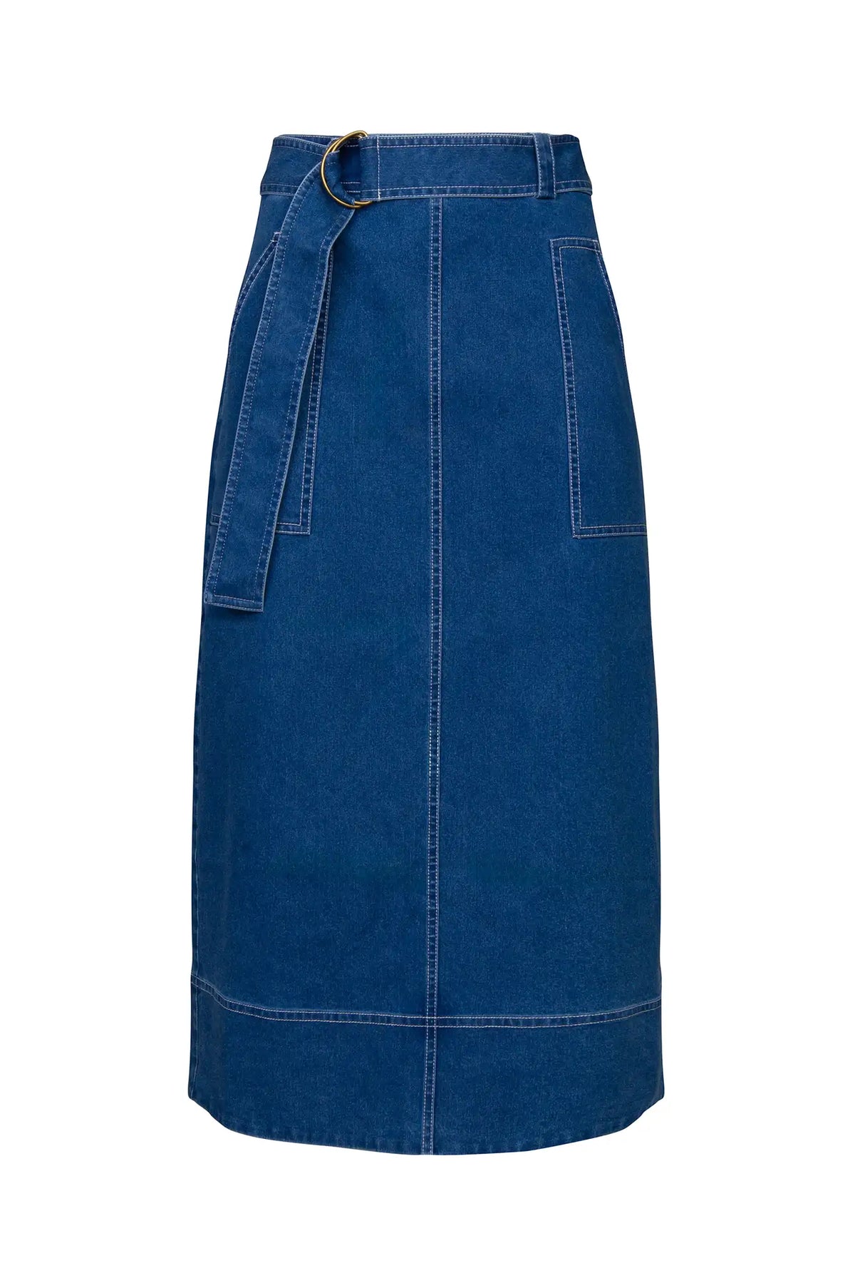 Denim midi skirt framed by patch pockets with crisp topstitching and a removable belt with a D-ring.