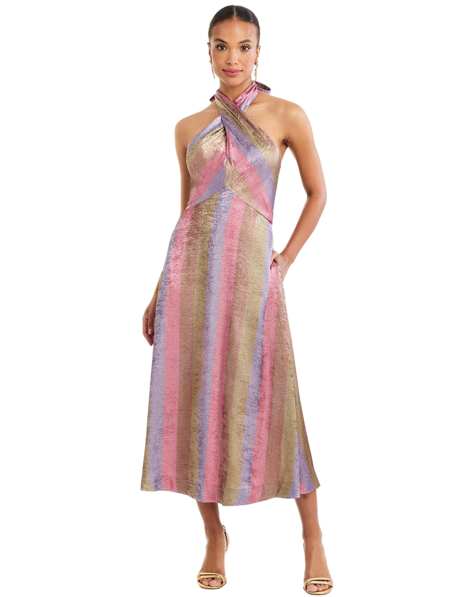 Copacabana Halter Midi Dress in Disco Stripe front – metallic lamé cocktail midi with halter neckline, bow tie, fitted waist, and pockets by Mestiza New York.