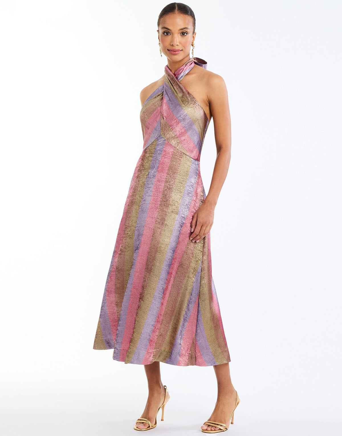 Copacabana Halter Midi Dress in Disco Stripe front – metallic lamé cocktail midi with halter neckline, bow tie, fitted waist, and pockets by Mestiza New York.
