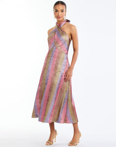 Copacabana Halter Midi Dress in Disco Stripe front – metallic lamé cocktail midi with halter neckline, bow tie, fitted waist, and pockets by Mestiza New York.