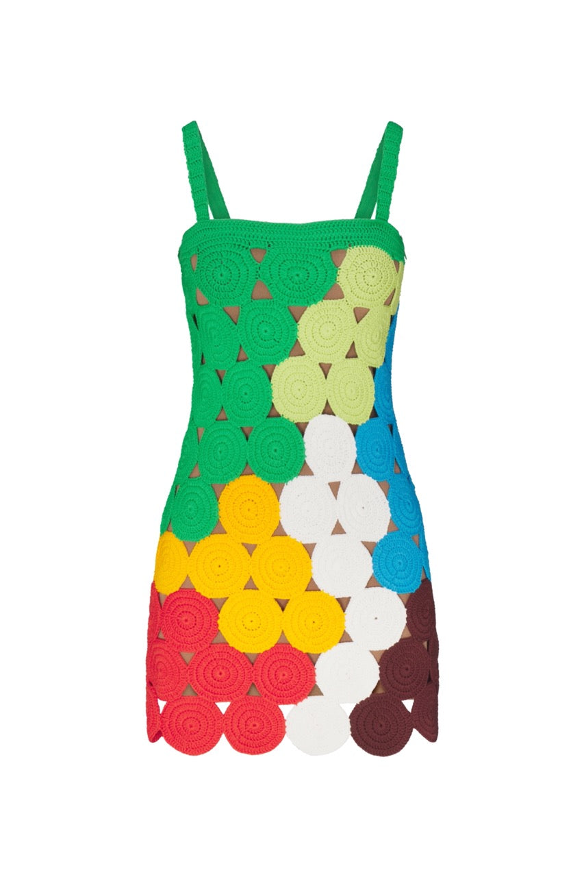 Front view of Beep Beep Tank Mini dress showcasing multicolored crochet motifs and straps on white background