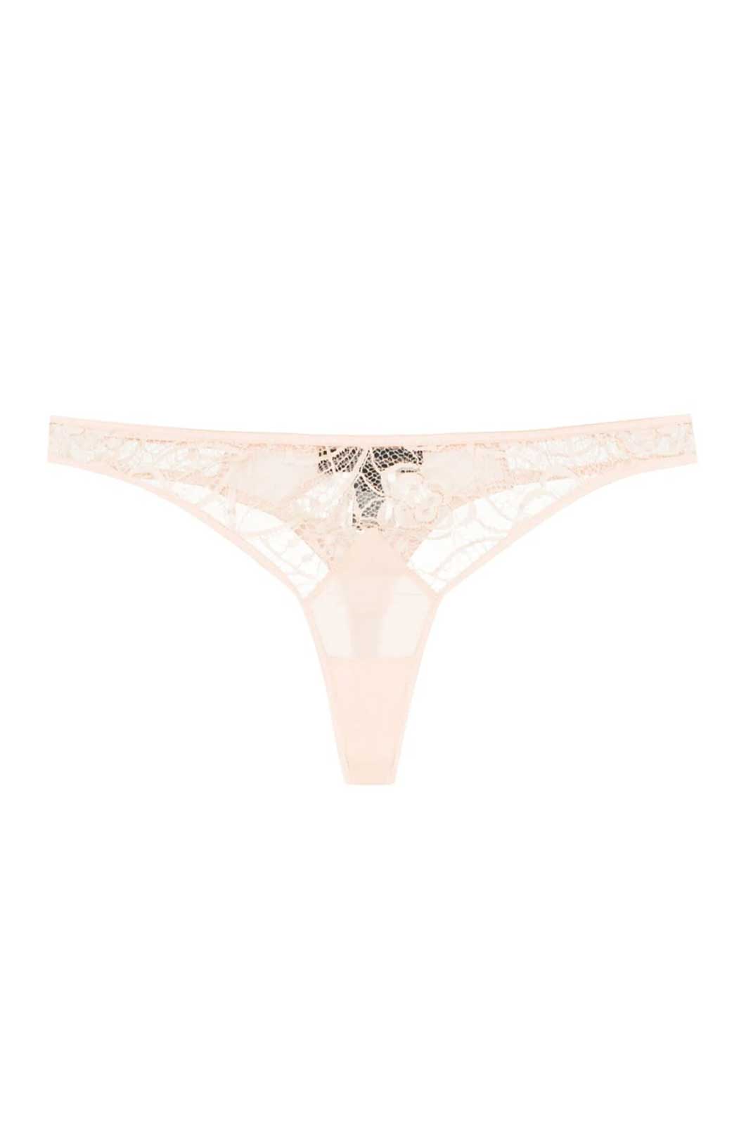 Low waist sheer blush color lace thong flat lay