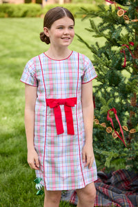 Little English classic children's clothing. Girls A-line dress in red and green plaid with red bow and red piping detail for the holidays