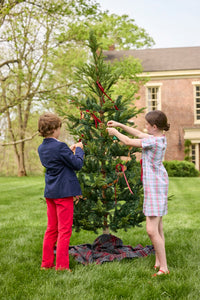 Little English classic children's clothing. Girls A-line dress in red and green plaid with red bow and red piping detail for the holidays.  Boys Douglas Plaid button down shirt with red corduroy pants and navy wool blazer.