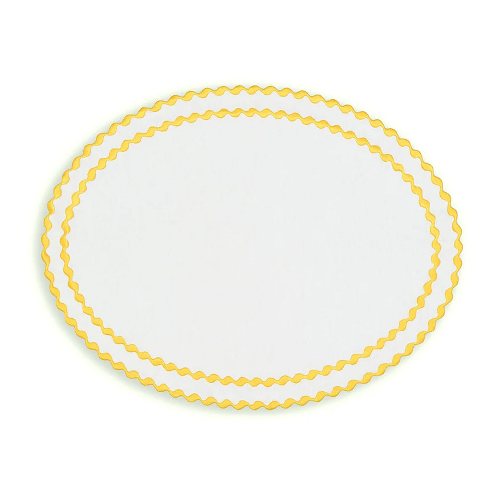Top view of Cora placemat and napkin set showcasing double scalloped yellow trim on white background