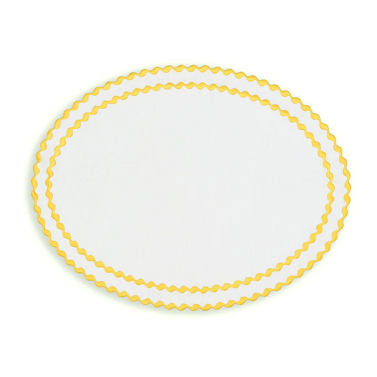 Top view of Cora placemat and napkin set showcasing double scalloped yellow trim on white background