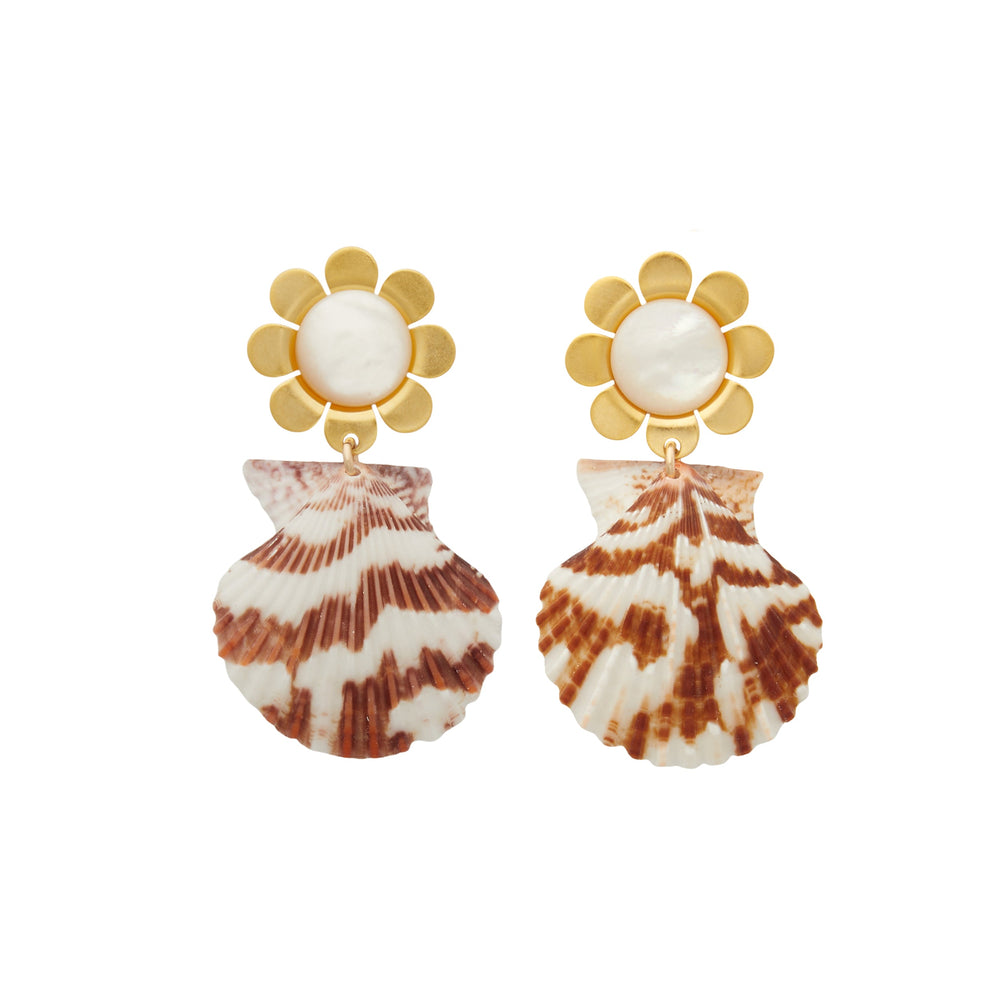 Front view of Cora earrings showing gold flower studs with mother-of-pearl centers and brown-and-white scallop shell drops