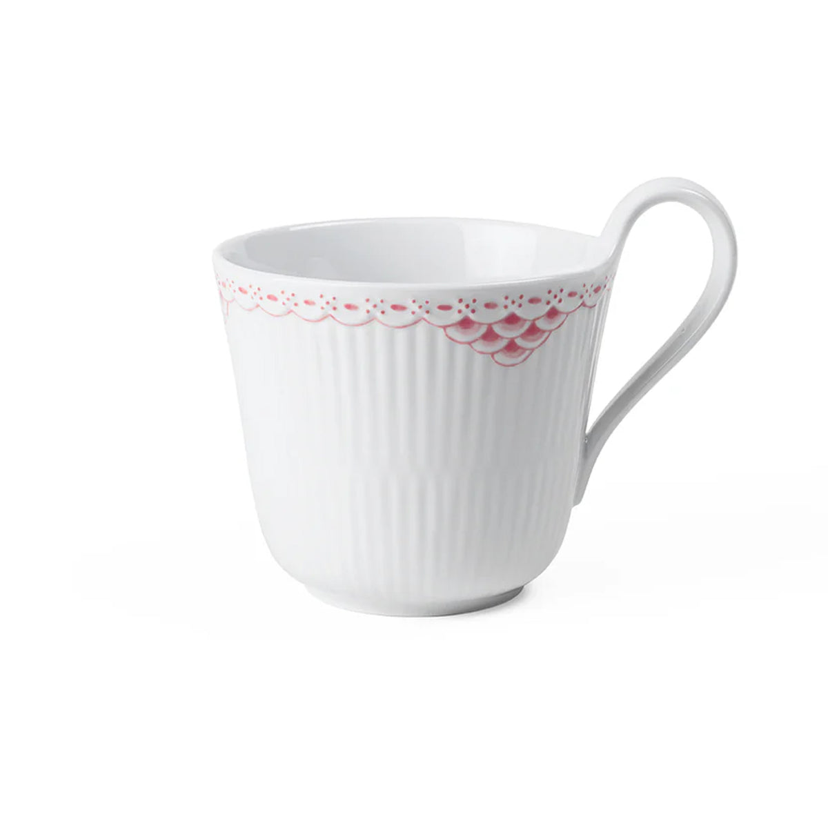 Front view of Coral Lace High Handle Cup showcasing white fluted porcelain and coral lace rim with white background