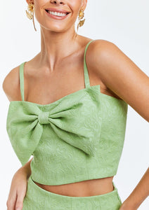 Tonal cotton jacquard crop top with princess seams and an oversized bow 