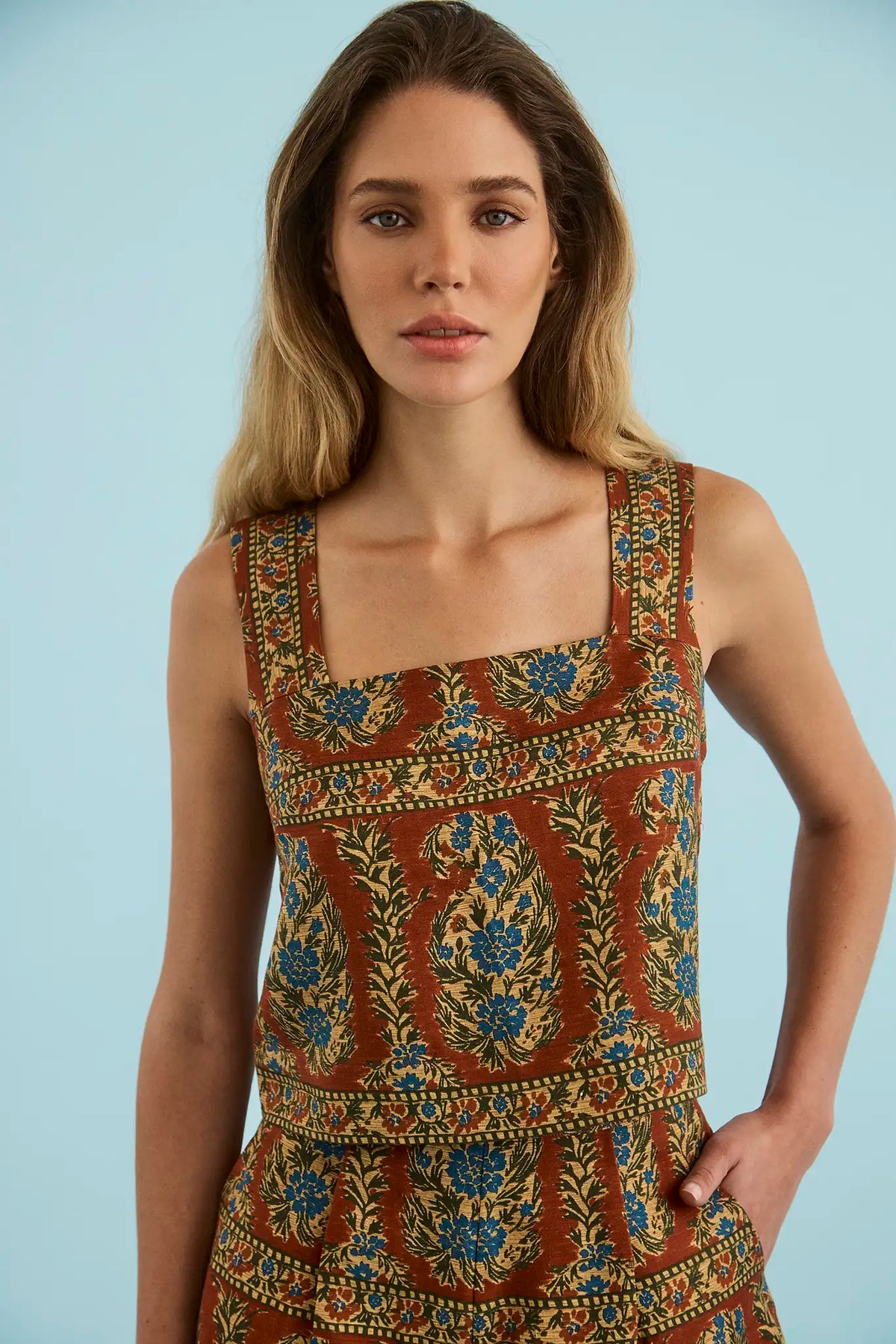 The Corby Top in Amber Glen Brown paired with matching shorts. 