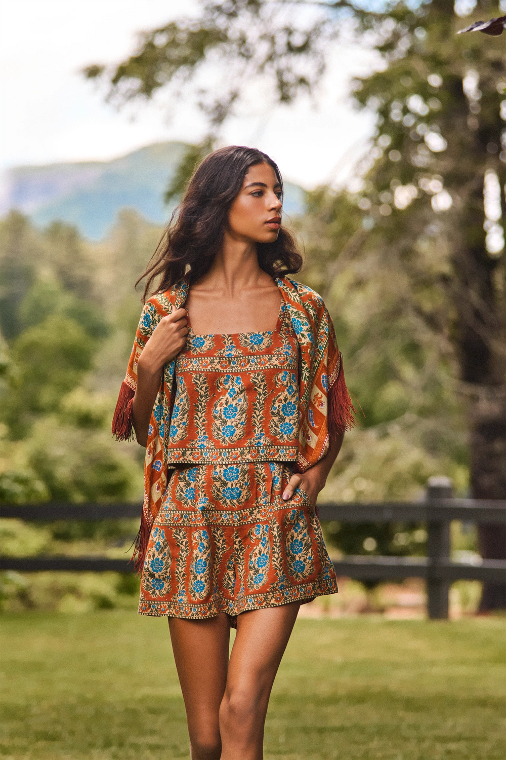 The Ashton Short paired with Corby Top and matching scarf in Amber Glen Brown.