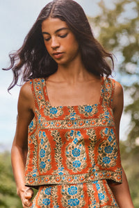 The Corby Top in Amber Glen Brown paired with matching shorts. 