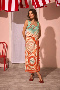 The Corby Top in Coral Reef Ombre paired with Paloma Wrap Skirt in Lost at Sea print.