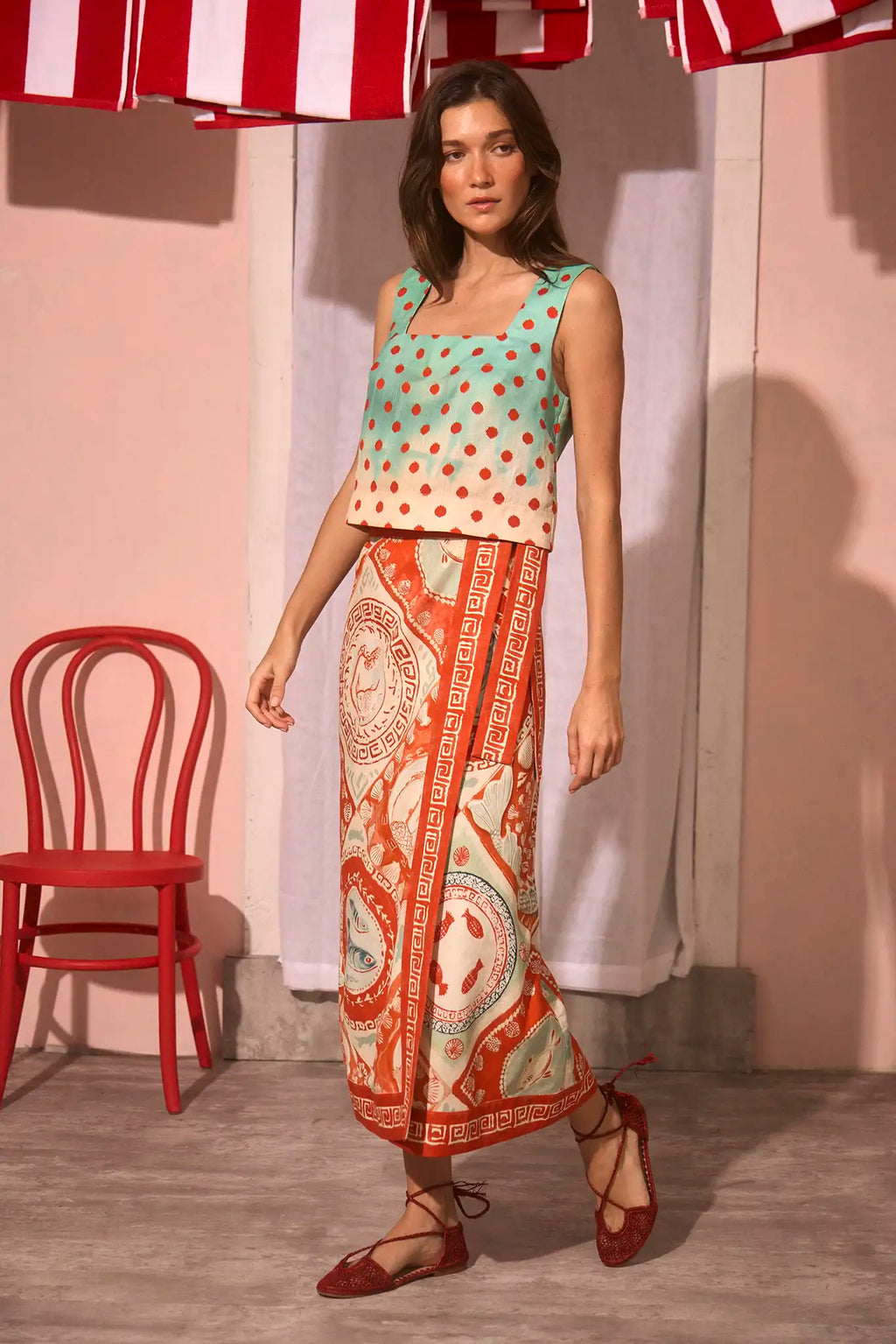 The Corby Top in Coral Reef Ombre paired with Paloma Wrap Skirt in Lost at Sea print.