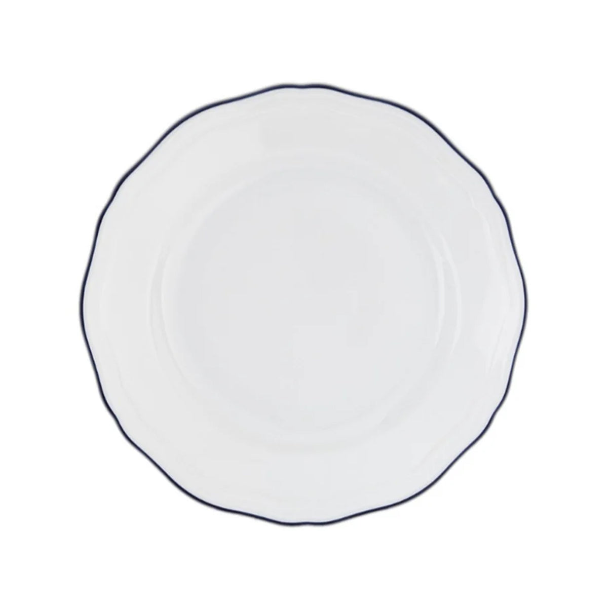 Top view of Corona dessert plate showcasing scalloped edge and thin navy rim on white background