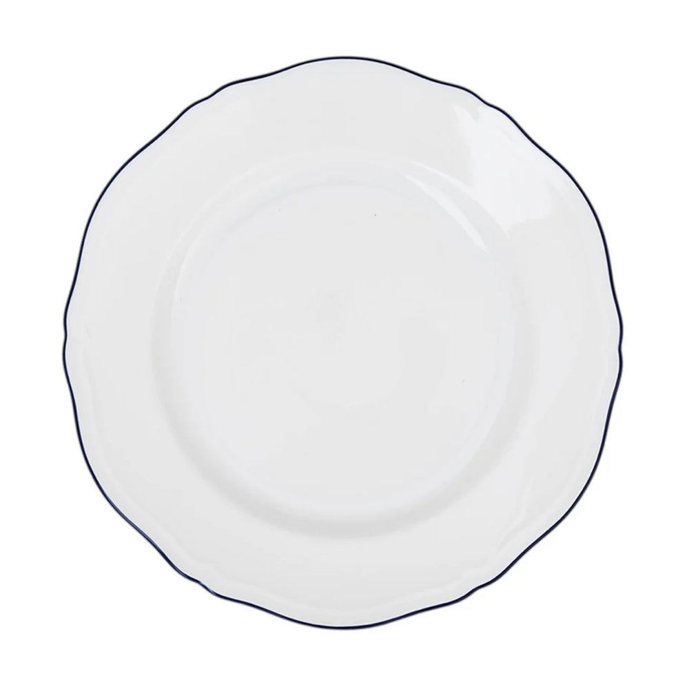 Top view of Corona Dinner Plate showing white porcelain with scalloped edge and thin navy rim on white background