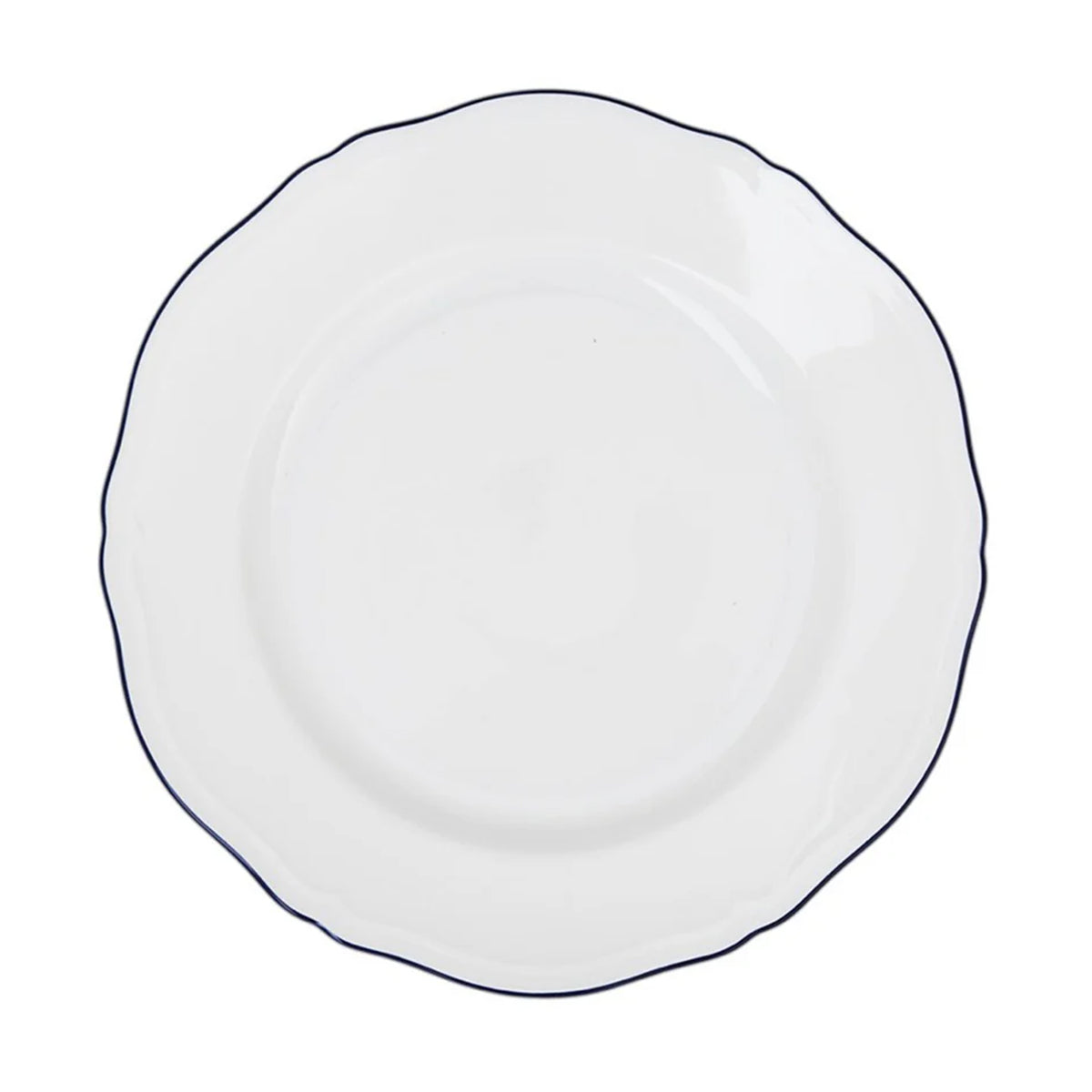 Top view of Corona Dinner Plate showing white porcelain with scalloped edge and thin navy rim on white background
