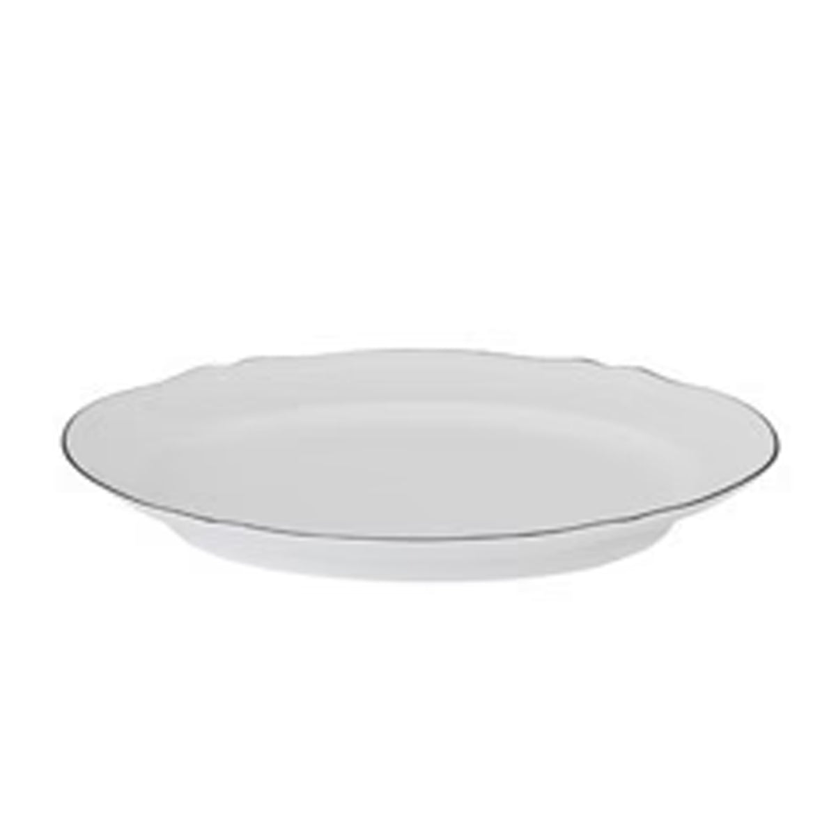 Front view of Corona Oval Platter showcasing fine white porcelain with scalloped edge and thin gray rim on white background