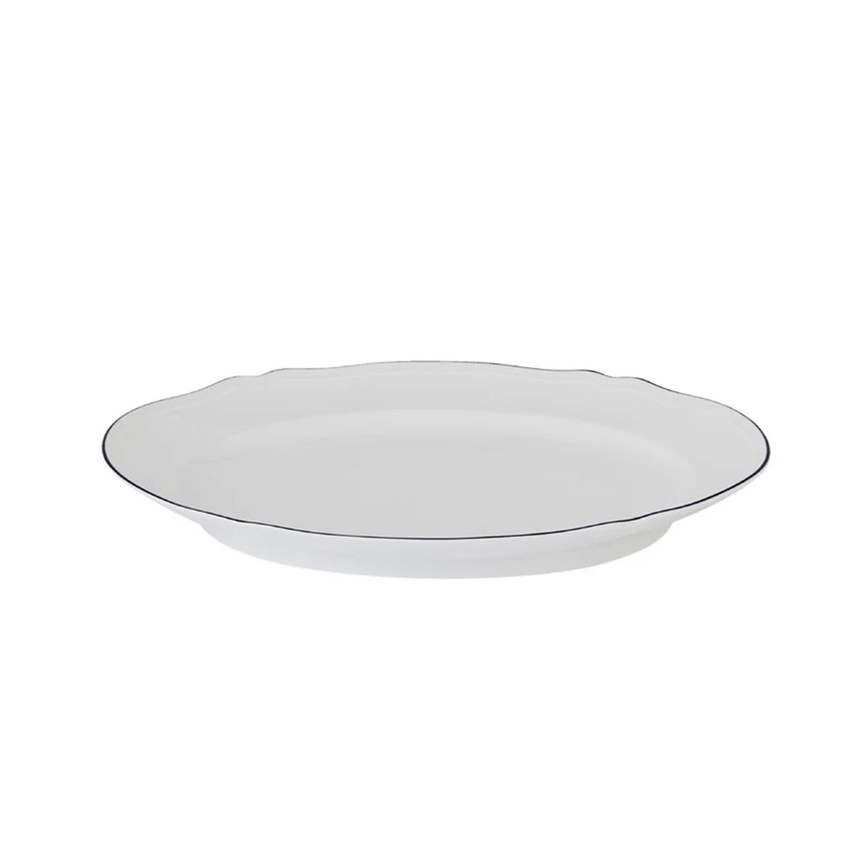Front view of Corona round platter showcasing white porcelain with thin dark rim and scalloped scalloped edge on white background