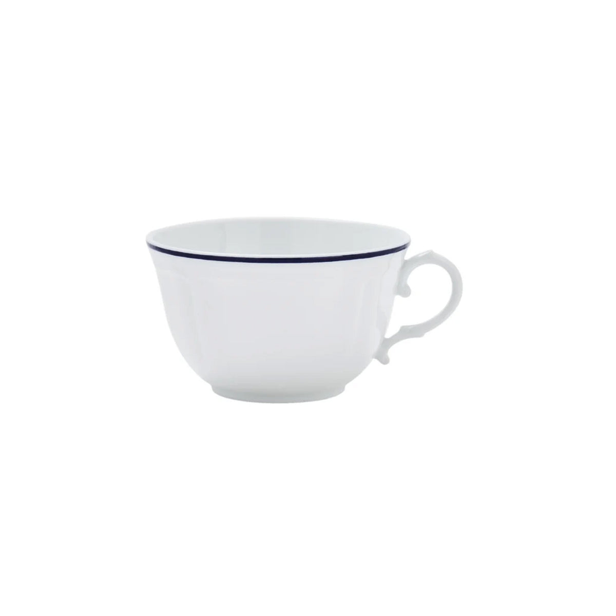 Side view of Corona Tea Cup showcasing fine white porcelain, thin navy rim, and ornate handle on white background