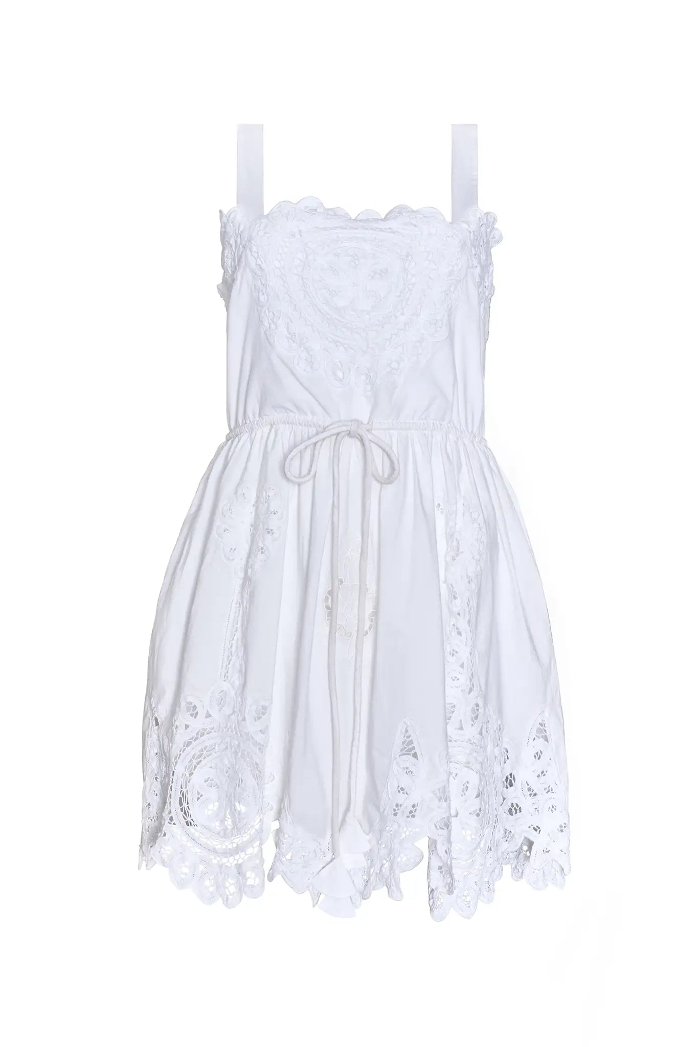 The Cosette Dress in Battenberg Cotton Lace has a relaxed silhouette and drawcord waist