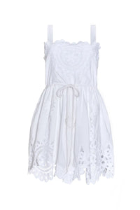 The Cosette Dress in Battenberg Cotton Lace has a relaxed silhouette and drawcord waist