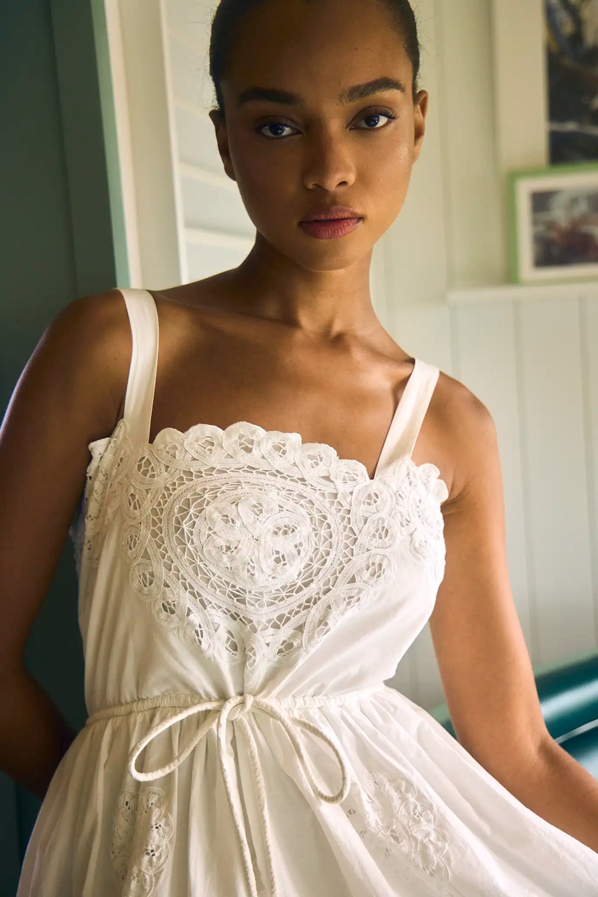 The Cosette Dress in Battenberg Cotton Lace has a relaxed silhouette and drawcord waist