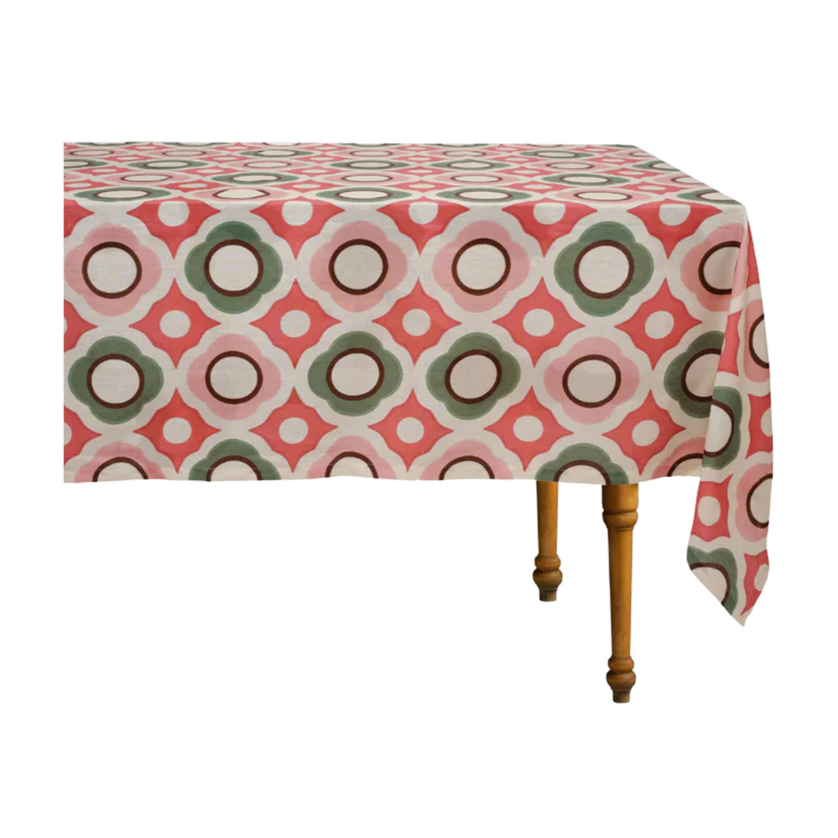 Angled view of Cosima Tablecloth Square showcasing pastel geometric motifs on a white background