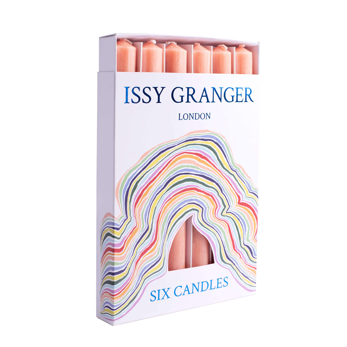 Angled view of Dinner Candles in Cosmos Orange showcasing six orange candles in a patterned box with a white background