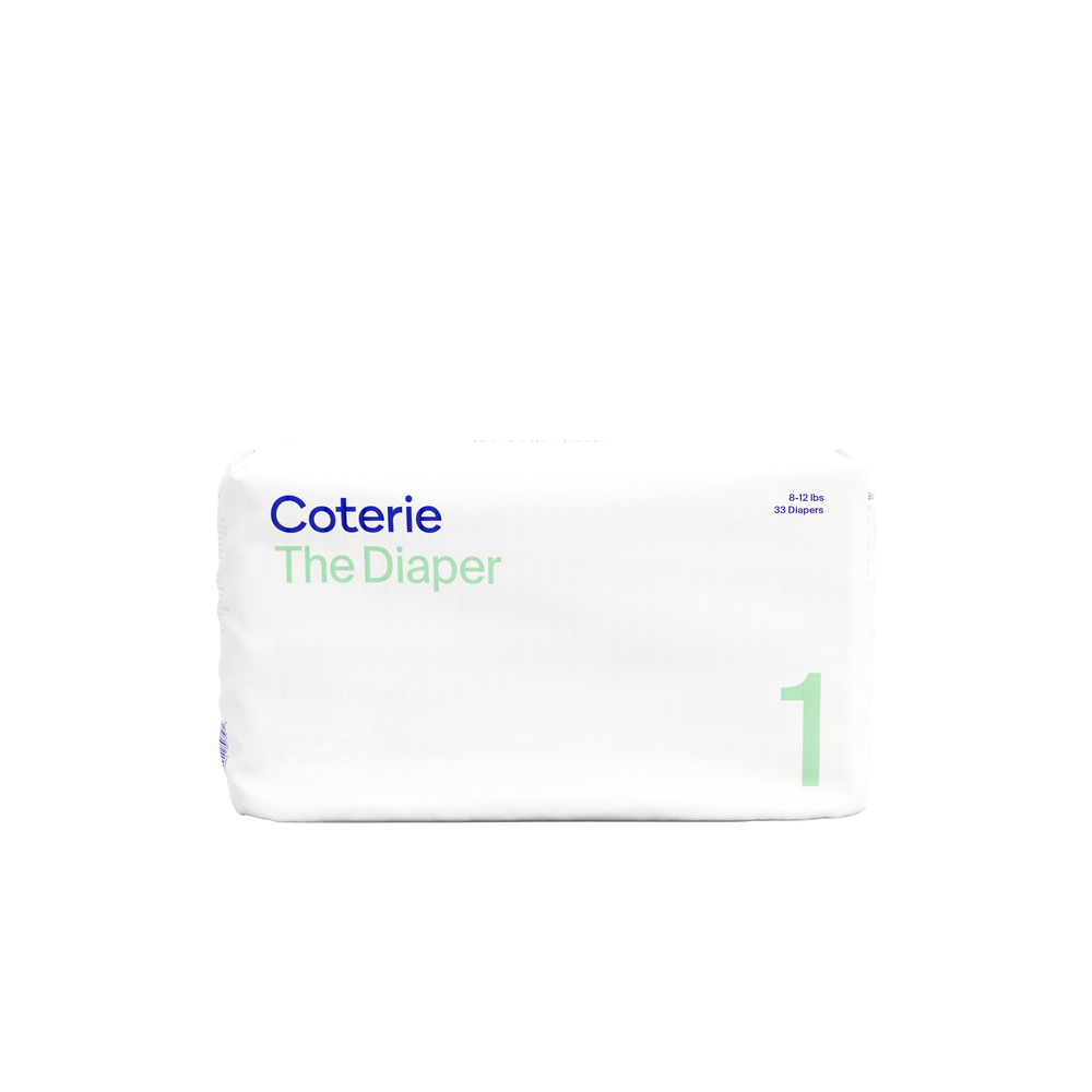 Front view of Coterie Ultra Soft Diapers package showcasing size 1, 8 to 12 pound fit, and 33 diapers on a transparent background