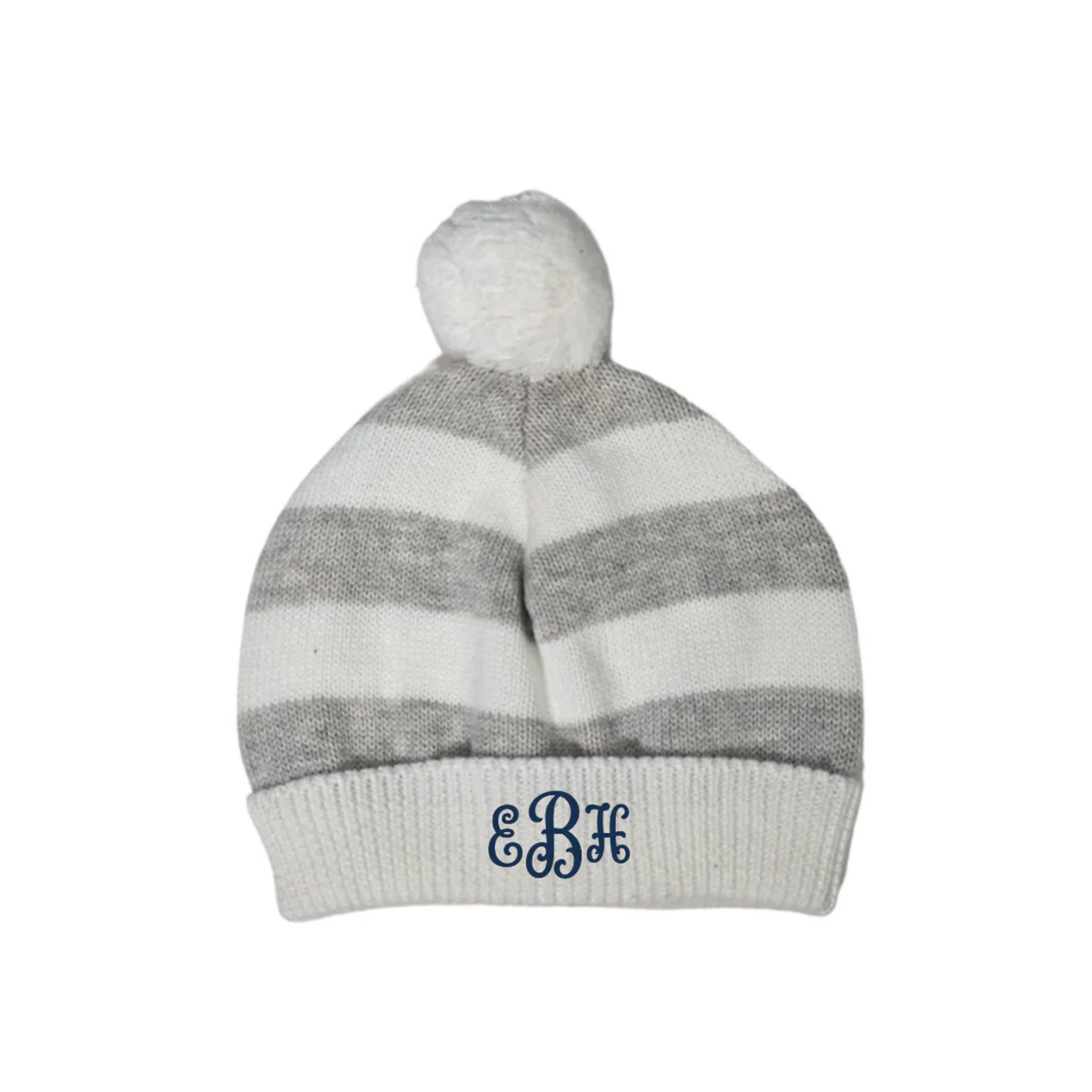 Cotton Striped Hat with Pom Pom in Whie & Heather Grey